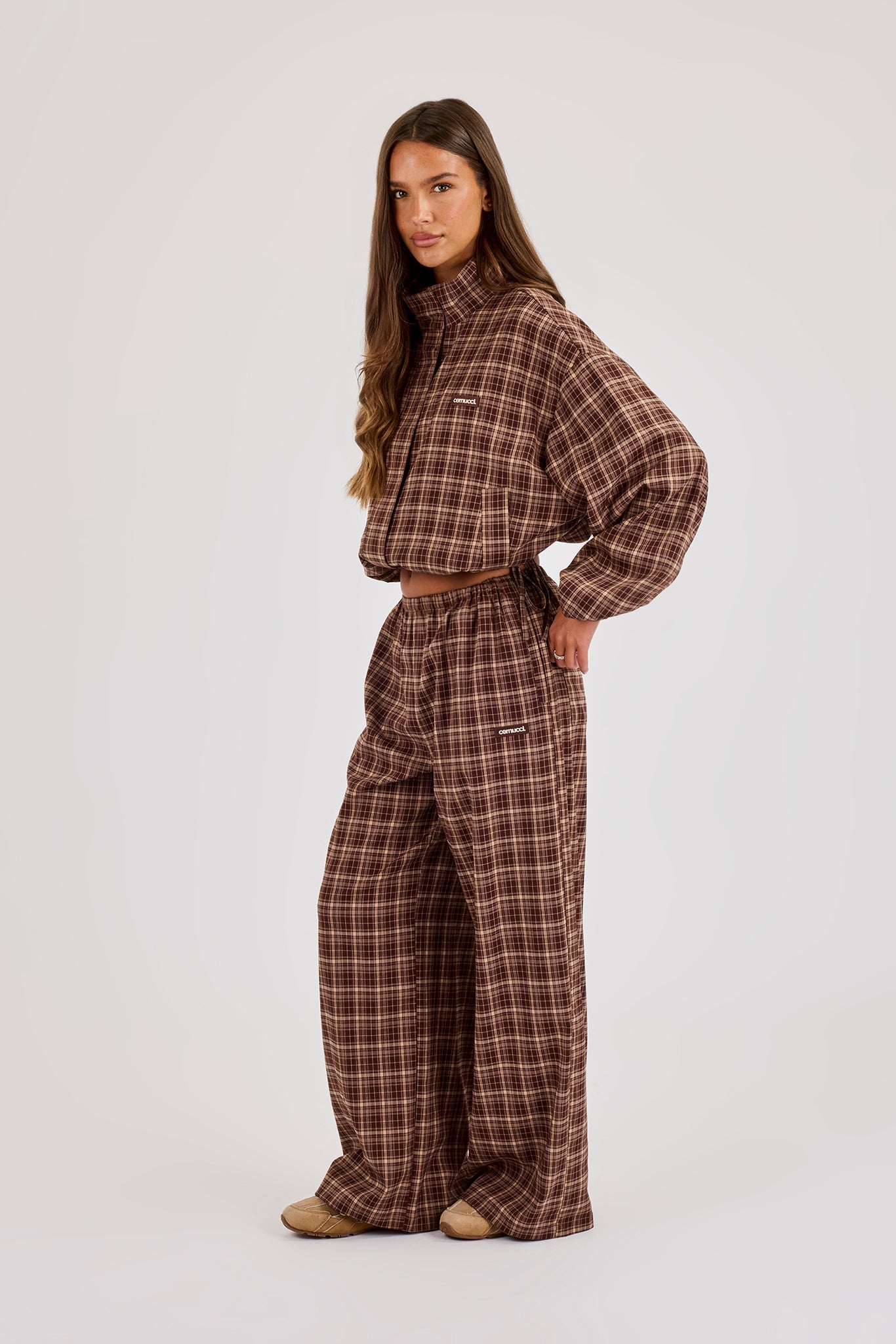 Check Twill Funnel Neck Jacket & Wide Leg Jogger - Chocolate